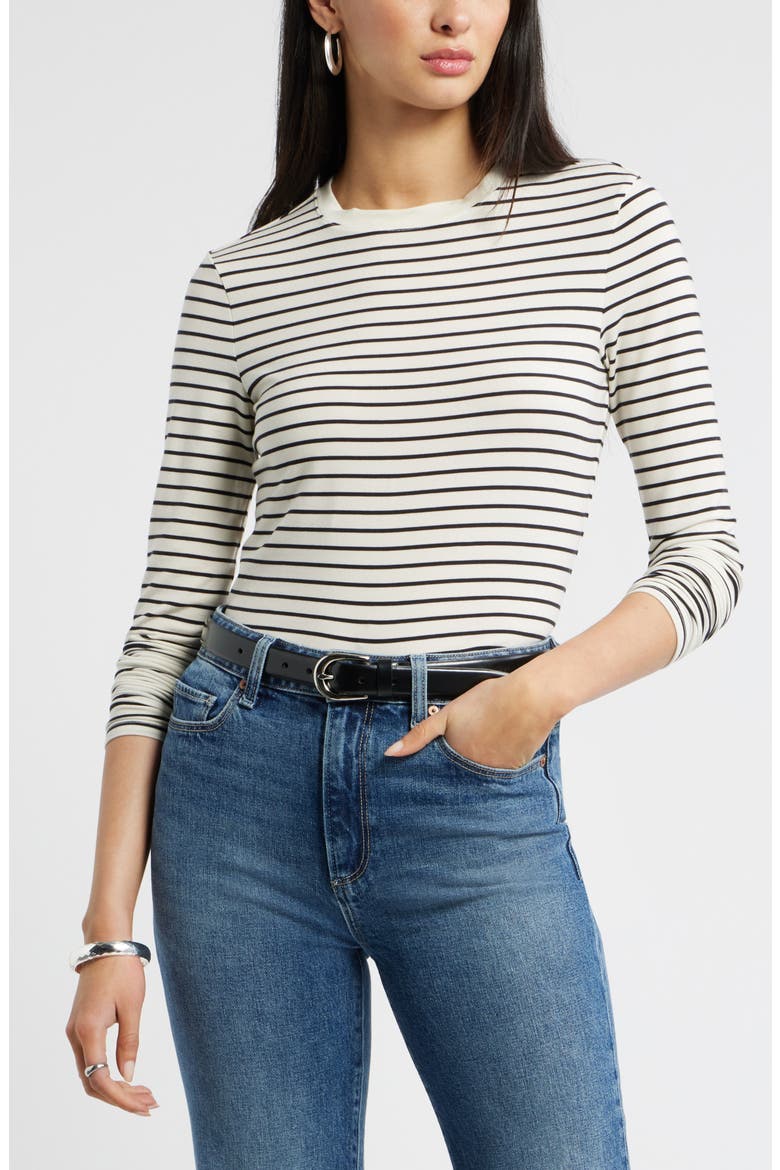 Long Sleeve Crewneck T-Shirt, Main, color, IVORY- BLACK TAY STRIPE