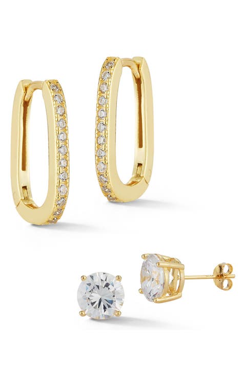 Set of 2 Cubic Zirconia Stud and Oval Hoop Earrings