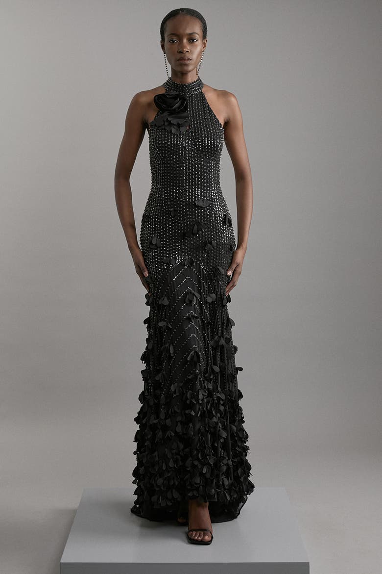 Crystal Rosette Halter-Neck Maxi Dress, Main, color, Black
