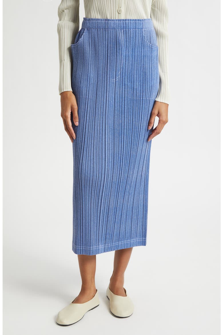 Trompe l'Oeil Pleated Midi Skirt, Main, color, BLUE