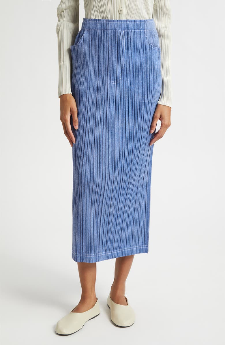 Issey Miyake Trompe l'Oeil Pleated Midi Skirt, Main, color, Blue