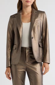Anne Klein Metallic Faux Leather One Button Blazer