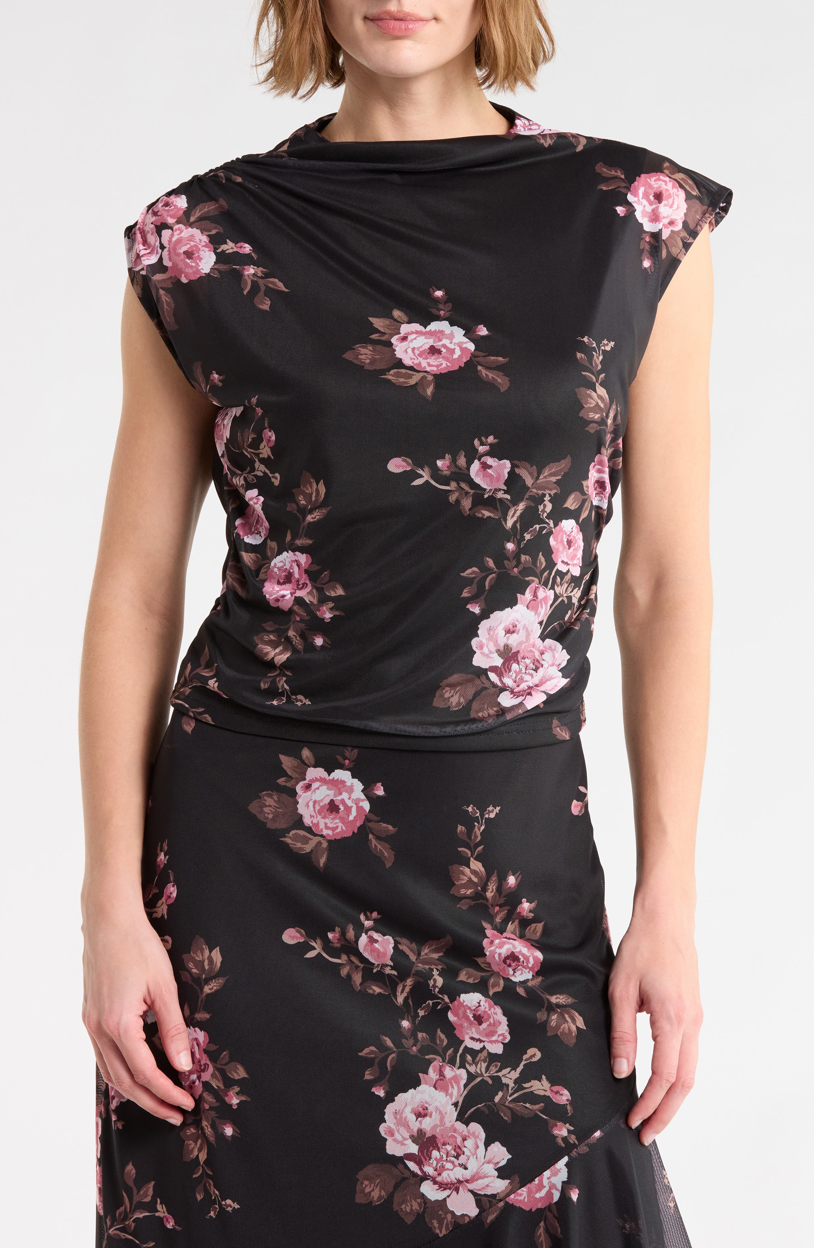 Shirred Mesh Mock Neck Top