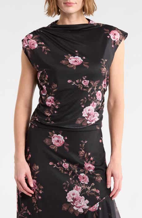 Shirred Mesh Mock Neck Top