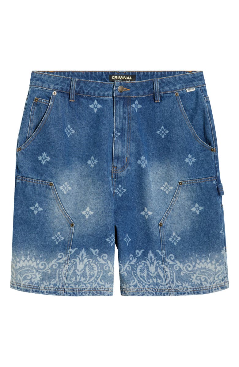 CRIMINAL DAMAGE Laser Print Denim Shorts, Main, color, Mid Blue