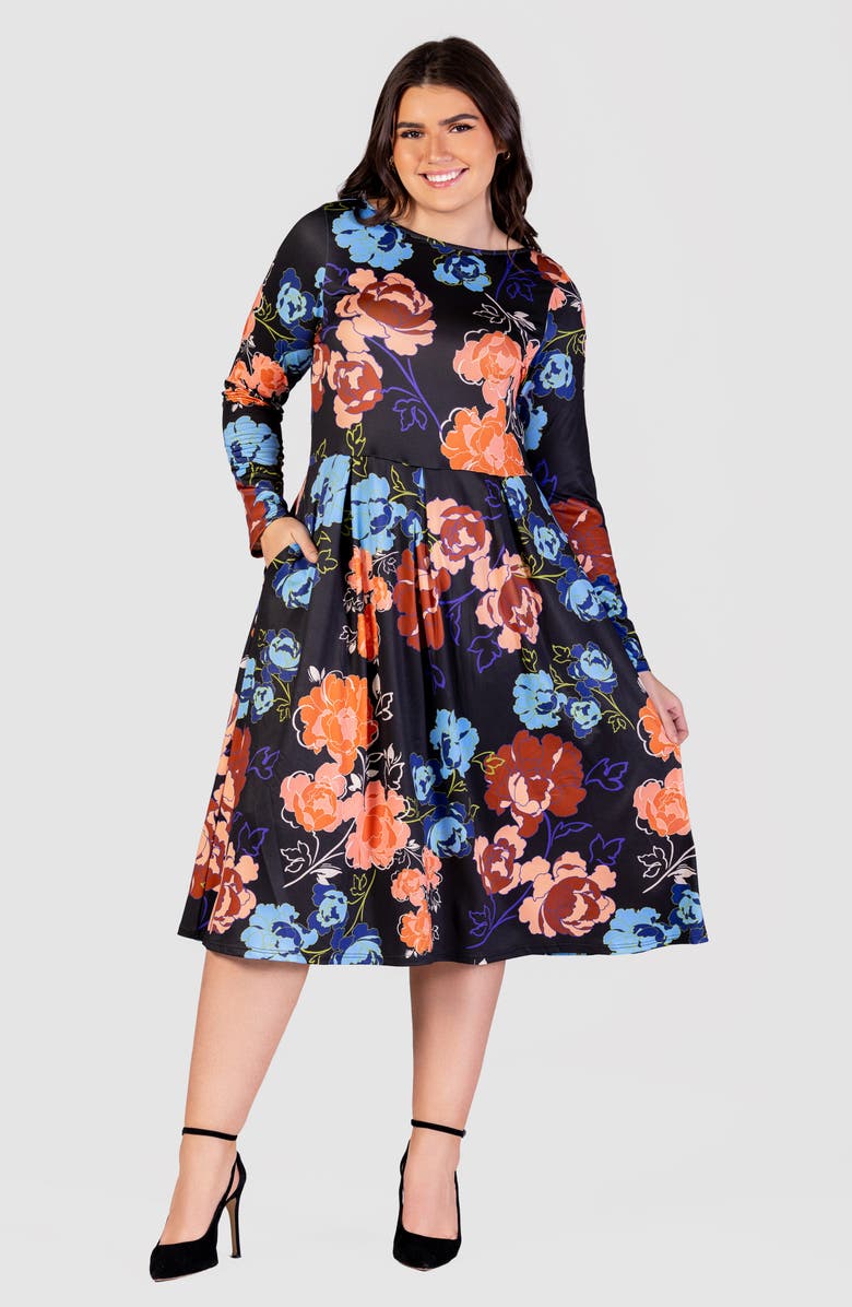 24seven Comfort Apparel Floral Fit & Flare Long Sleeve Jersey Midi Dress, Alternate, color,