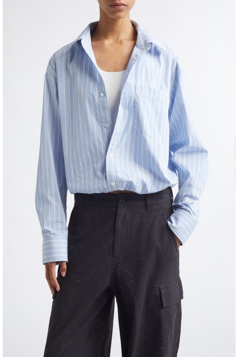 Pre-Styled Gathered Button-Up Shirt with Tank, Main, color, LIGHT BLUE STRIPE
