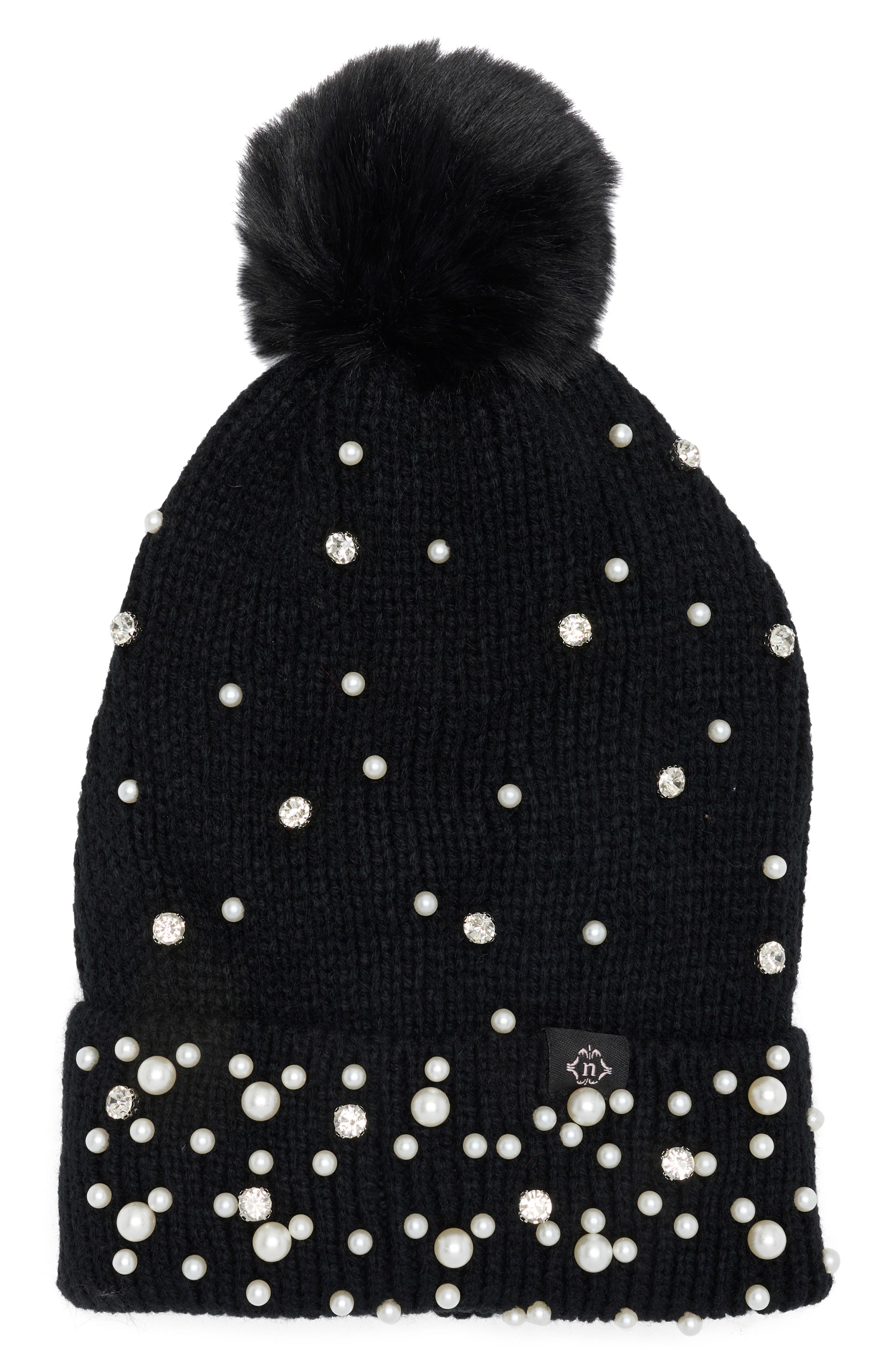 Nanette Lepore Scattered Embellished Faux Fur Pompom Beanie