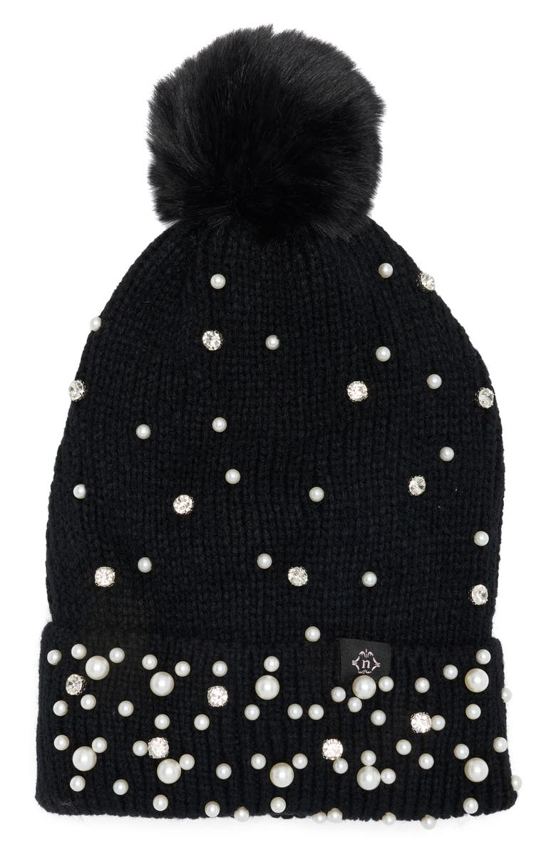 Nanette Lepore Scattered Embellished Faux Fur Pompom Beanie, Main, color, Black
