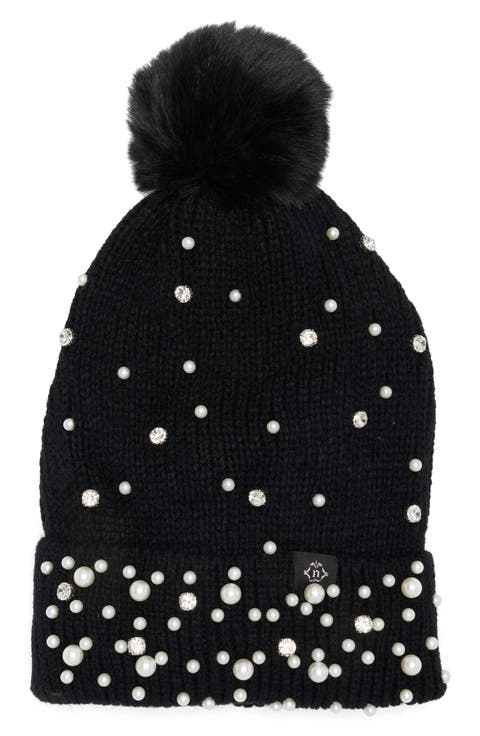 Scattered Embellished Faux Fur Pompom Beanie