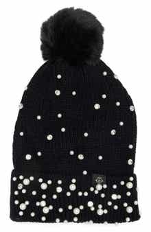 Nanette Lepore Scattered Embellished Faux Fur Pompom Beanie