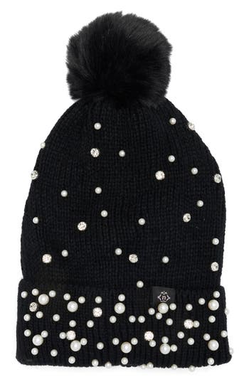 Nanette Lepore Scattered Embellished Faux Fur Pompom Beanie In Black