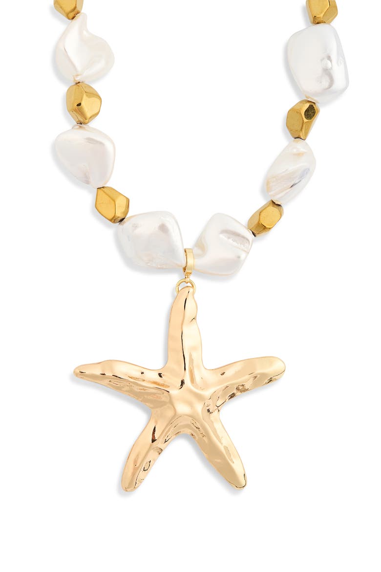 Talia Beaded Pearl Starfish Necklace, Main, color, GOLD
