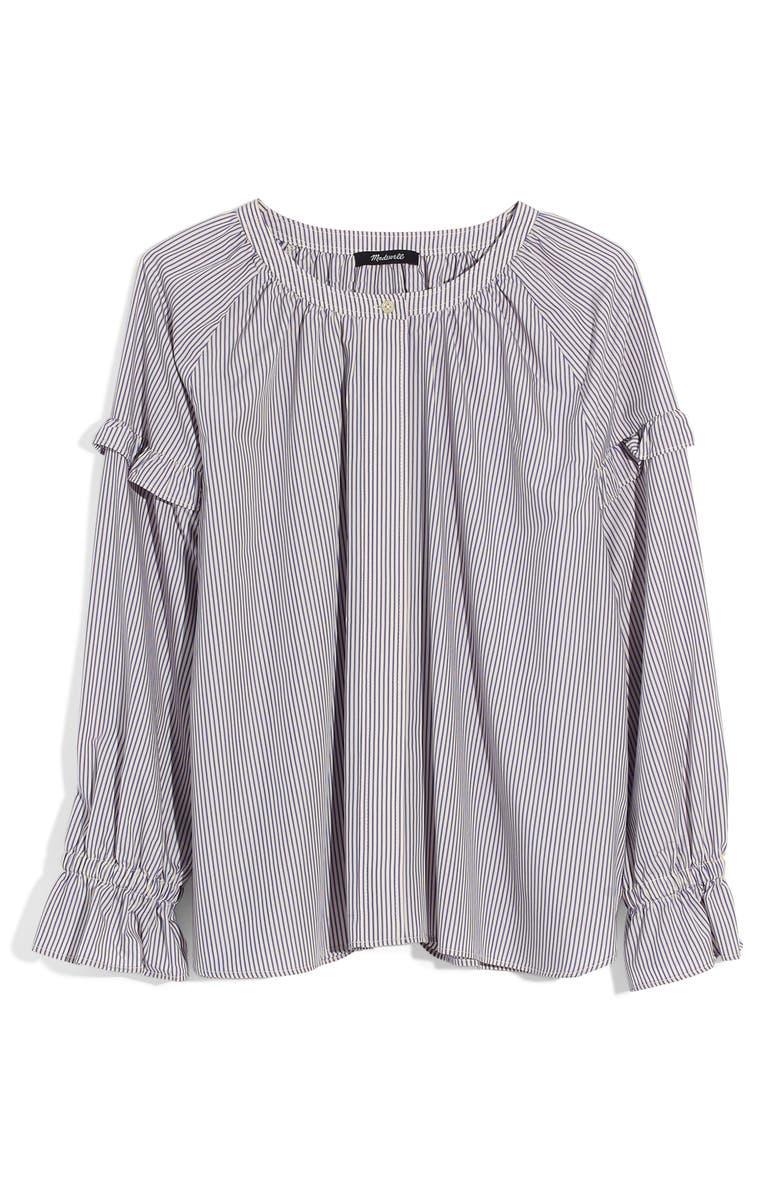 Madewell Stripe Collarless Ruffle Sleeve Shirt, Alternate, color, 