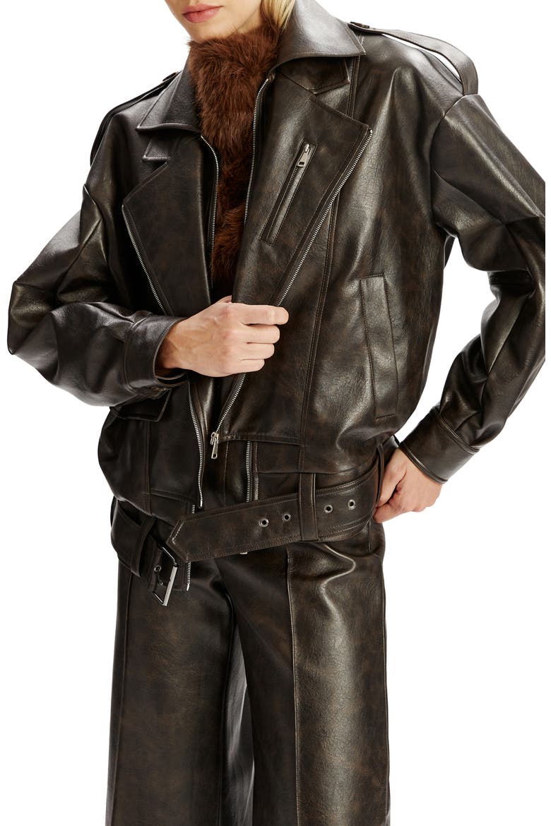 Kavi Oversize Faux Leather Moto Jacket, Alternate, color, DARK CHOCO