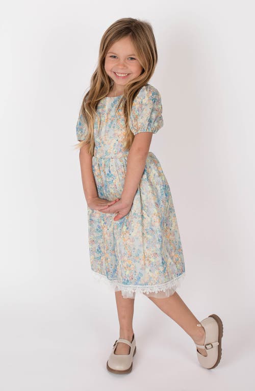 Popatu Kids' Floral Puff Sleeve Cotton Party Dress In Blue