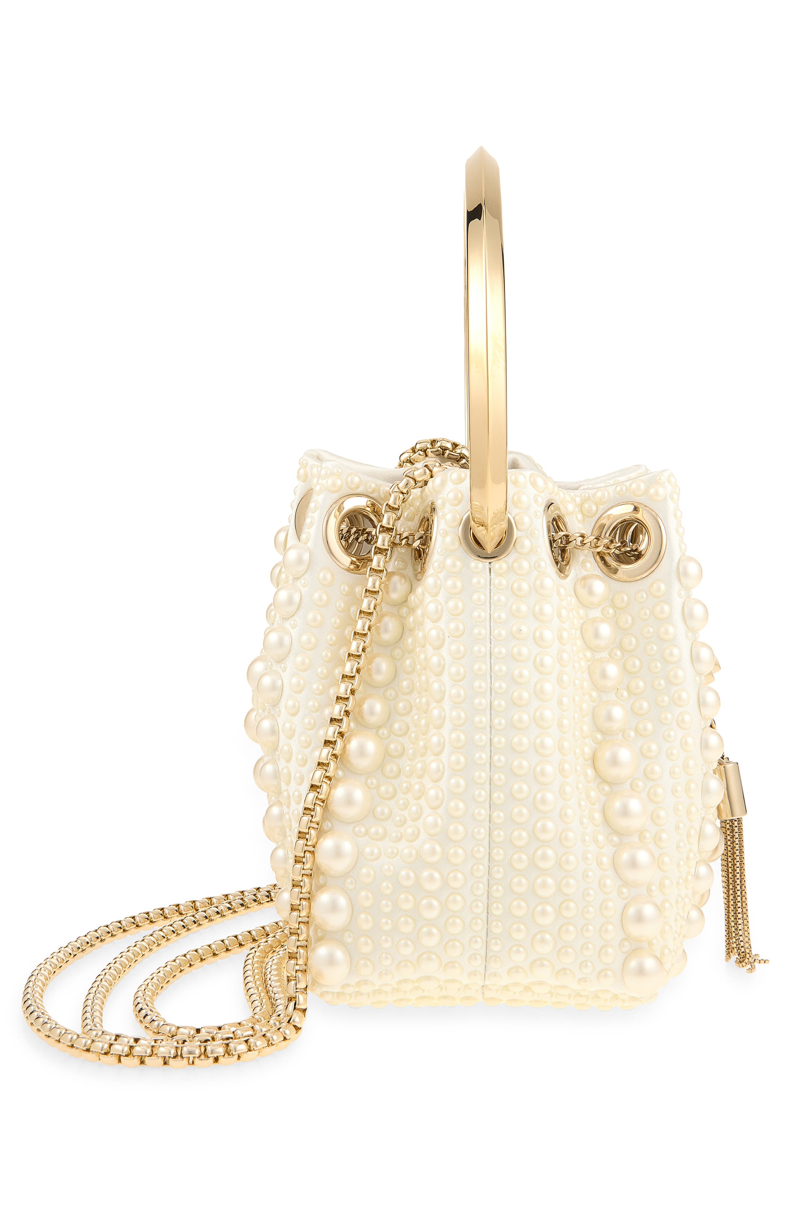 Micro Bon Bon Faux Pearl Embellished Satin Top Handle Pouch, Alternate, color, IVORY