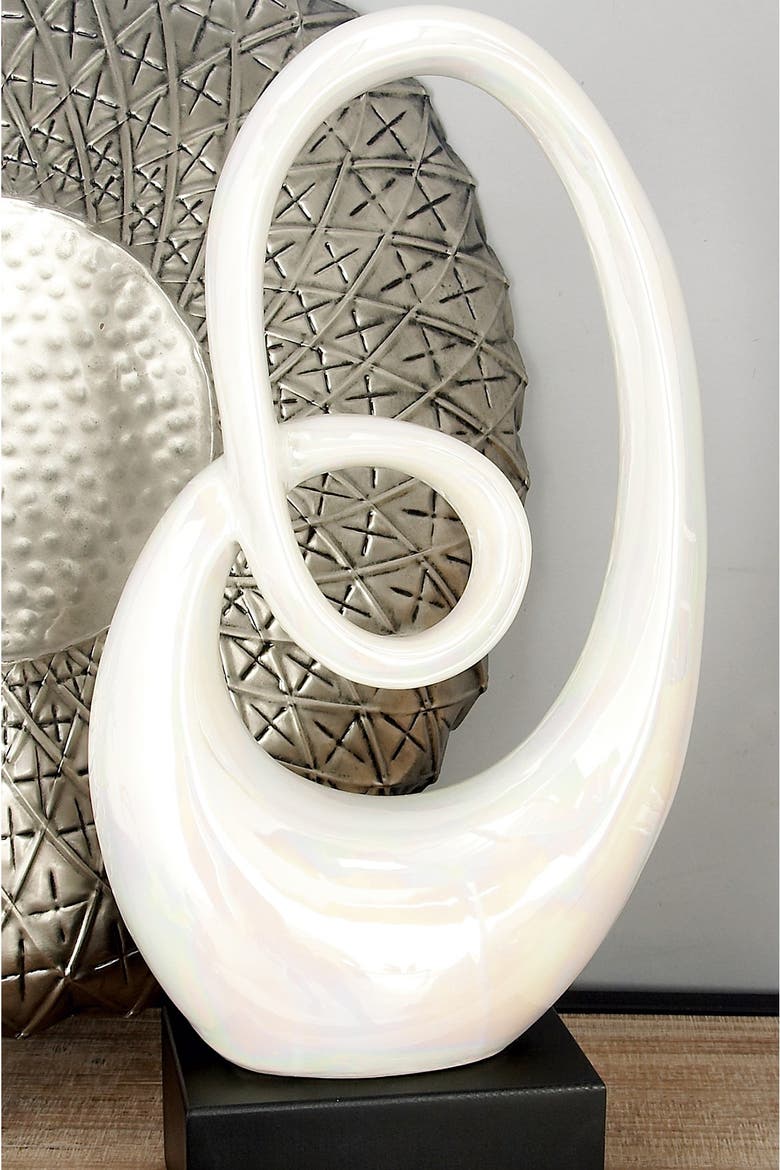 White Ceramic Swirl Abstract Sculpture with Black Base, Alternate, color, WHITE
