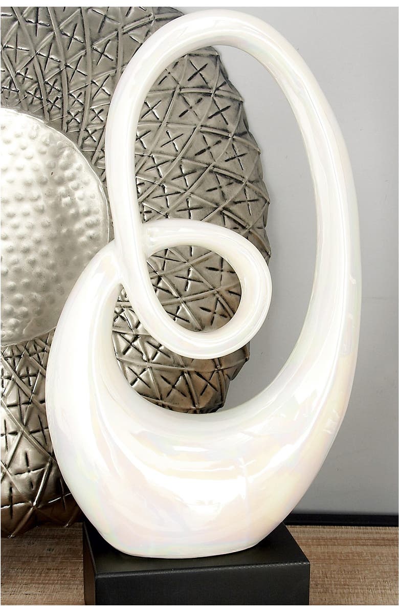 WILLOW ROW White Ceramic Swirl Abstract Sculpture with Black Base, Alternate, color, White