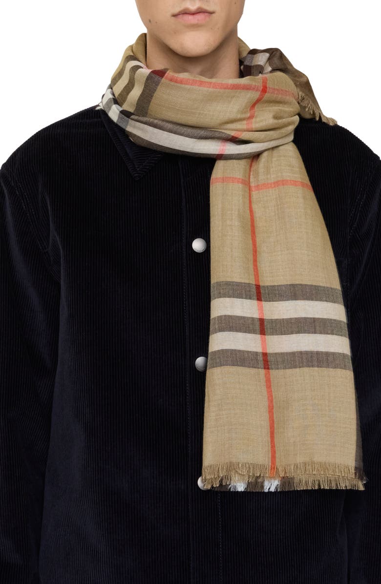 Burberry Reversible Medium Check Wool & Silk Scarf, Main, color, Sand/ Vole Brown