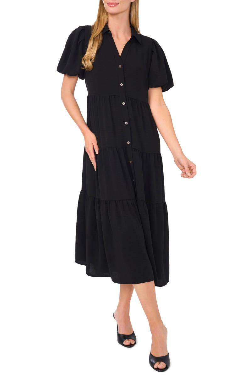 CeCe Tiered Midi Shirtdress, Main, color, Rich Black