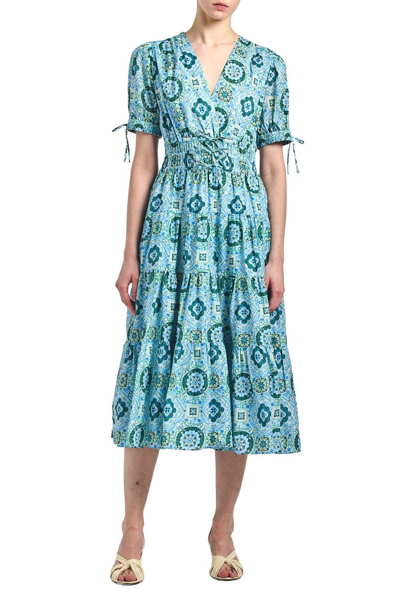 Thalia Short Sleeve A-Line Cotton Midi Dress, Main, color, BLUE MEDALLION
