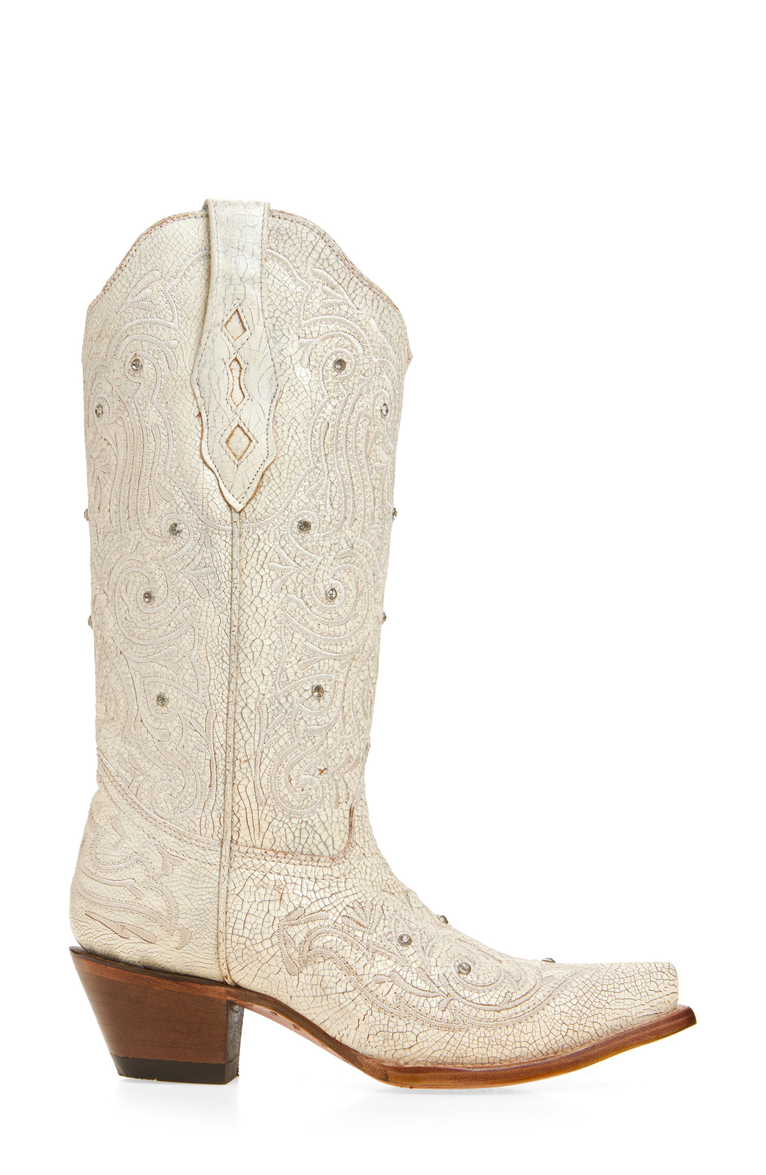 CORRAL Crystal & Embroidered Crackled Mid Calf Western Boot, Alternate, color, 