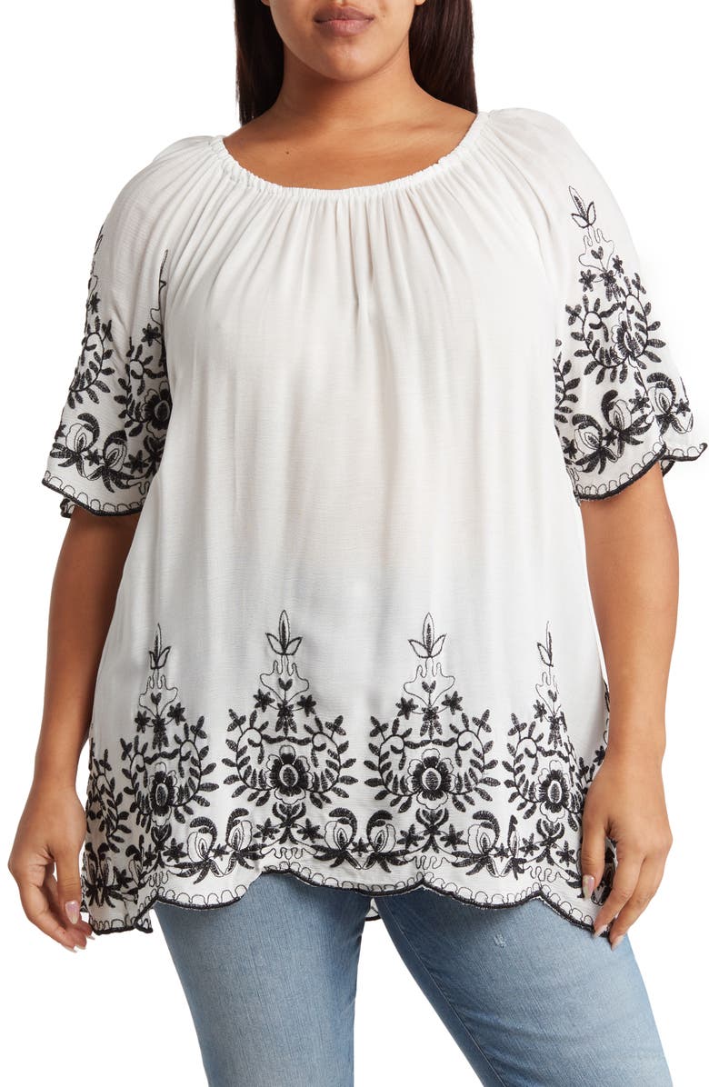 Forgotten Grace Embroidered Trim Peasant Tunic Top, Main, color, White/Black