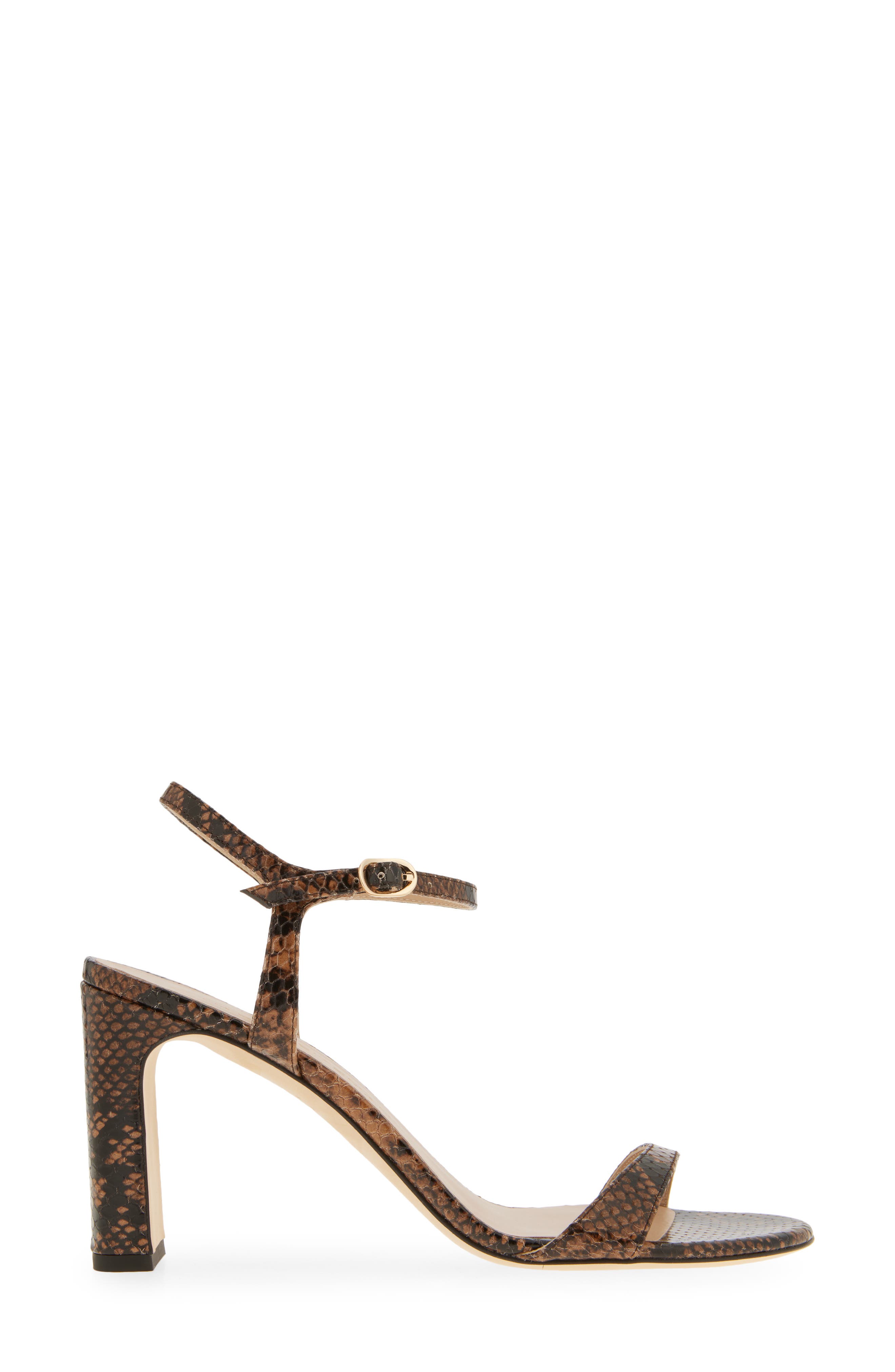 Stuart Weitzman Babette 85 Snakeskin Embossed Leather Ankle Strap Sandal, Alternate, color, Espresso
