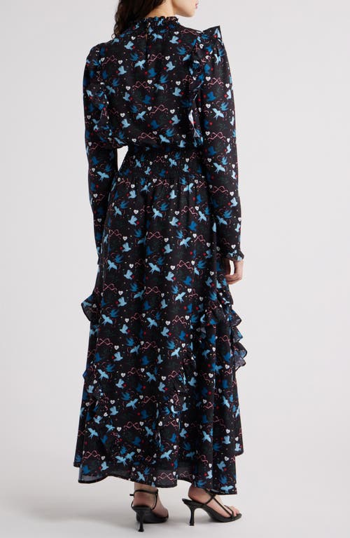 Sister Jane Heron Print Long Sleeve Maxi Dress In Black