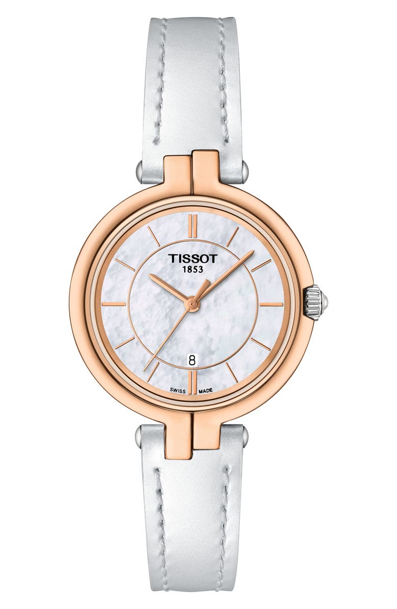 Tissot Flamingo Leather Strap Bracelet Watch, 30mm, Main, color, White Mother Of Pearl/ Silver