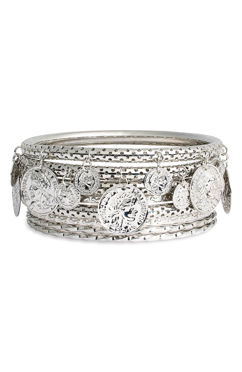 NORDSTROM RACK Set of 8 Assorted Bangle Bracelets, Main, color, Silver