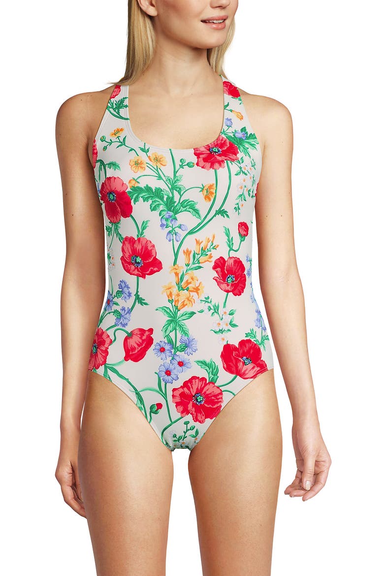 Chlorine Resistant Scoop Neck X-Back One Piece Swimsuit, Main, color, Egret/Poppy Floral