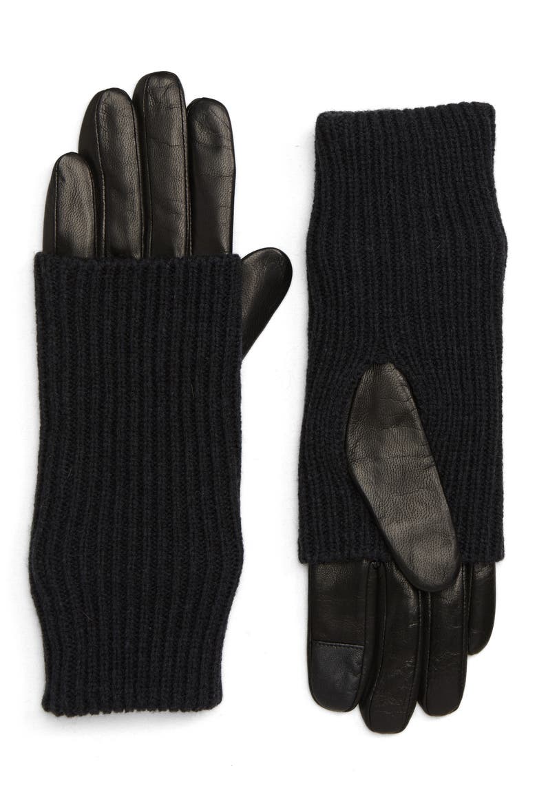 Knit & Leather Gloves, Main, color, BLACK