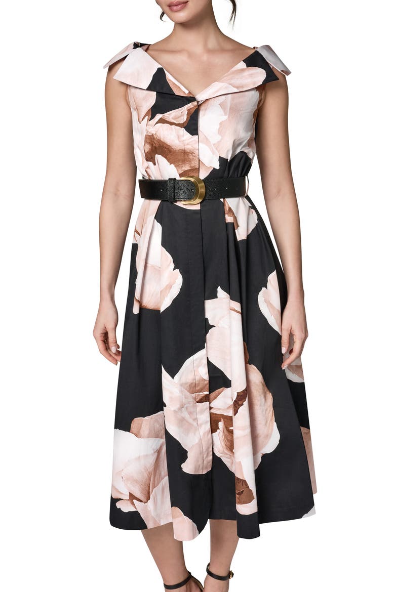 Floral Belted Stretch Fit & Flare Midi Dress, Alternate, color, BLACK MULTI