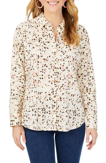 Foxcroft Davis Layer Dots Cotton Button-up Shirt In Birch Wood