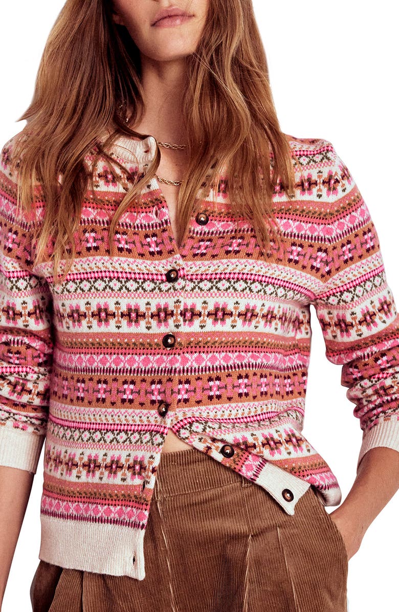 Boden Edie Fair Isle Wool, Cotton & Alpaca Blend Cardigan, Main, color, Pink Heritage Fair Isle