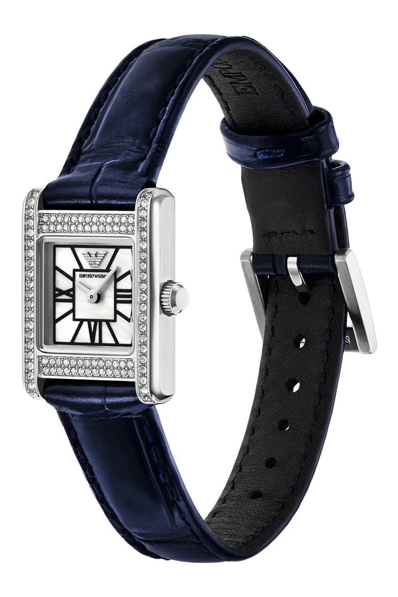 Crystal Bezel Tank Leather Strap Watch, 19mm x 26mm, Alternate, color, BLUE