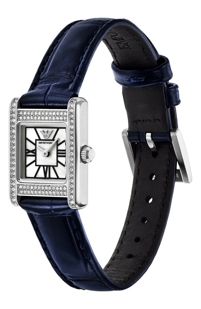Emporio Armani Crystal Bezel Tank Leather Strap Watch, 19mm x 26mm, Alternate, color, Blue
