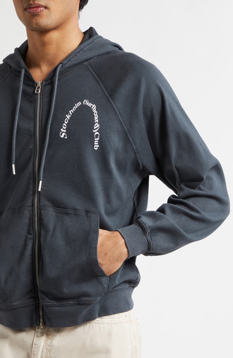 STOCKHOLM SURFBOARD CLUB Petite Logo Organic Cotton Zip Graphic Hoodie, Alternate, color, Black