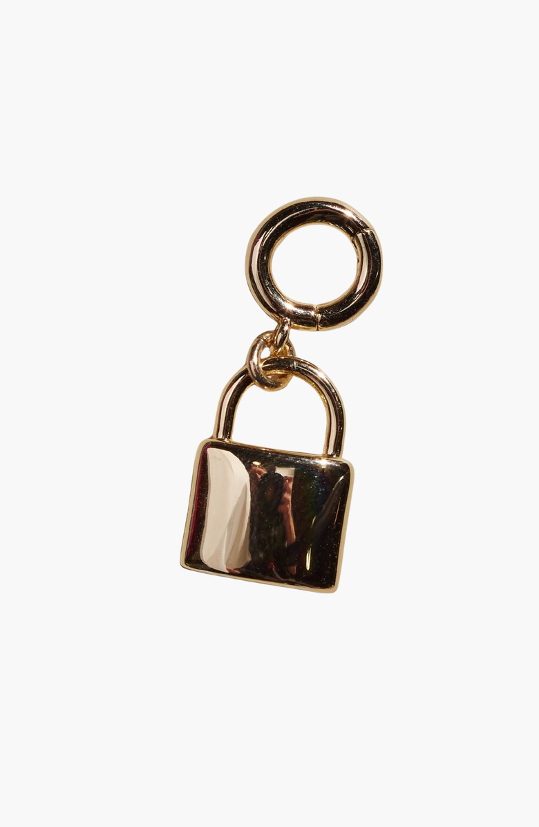 Nickel & Suede Lock Charm, Main, color, Gold