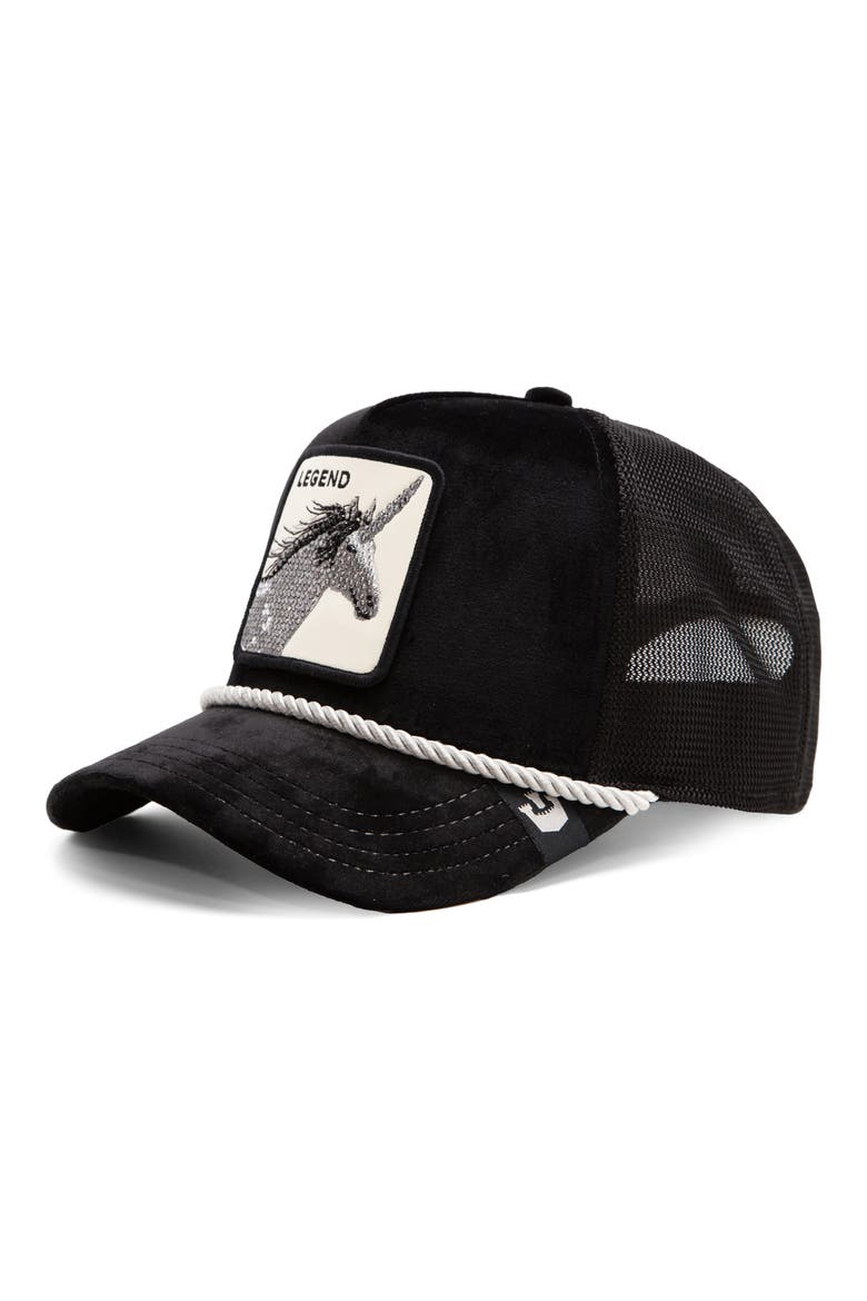 Legend Patch Satin Front Trucker Hat, Alternate, color, BLACK