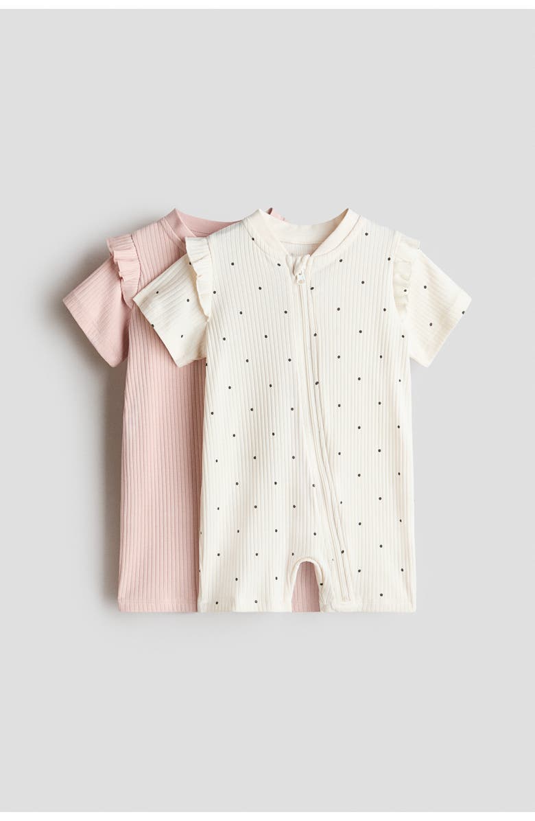 H&M 2-pack Frill-trimmed Cotton Sleepsuits, Main, color, Light Pink/Dotted