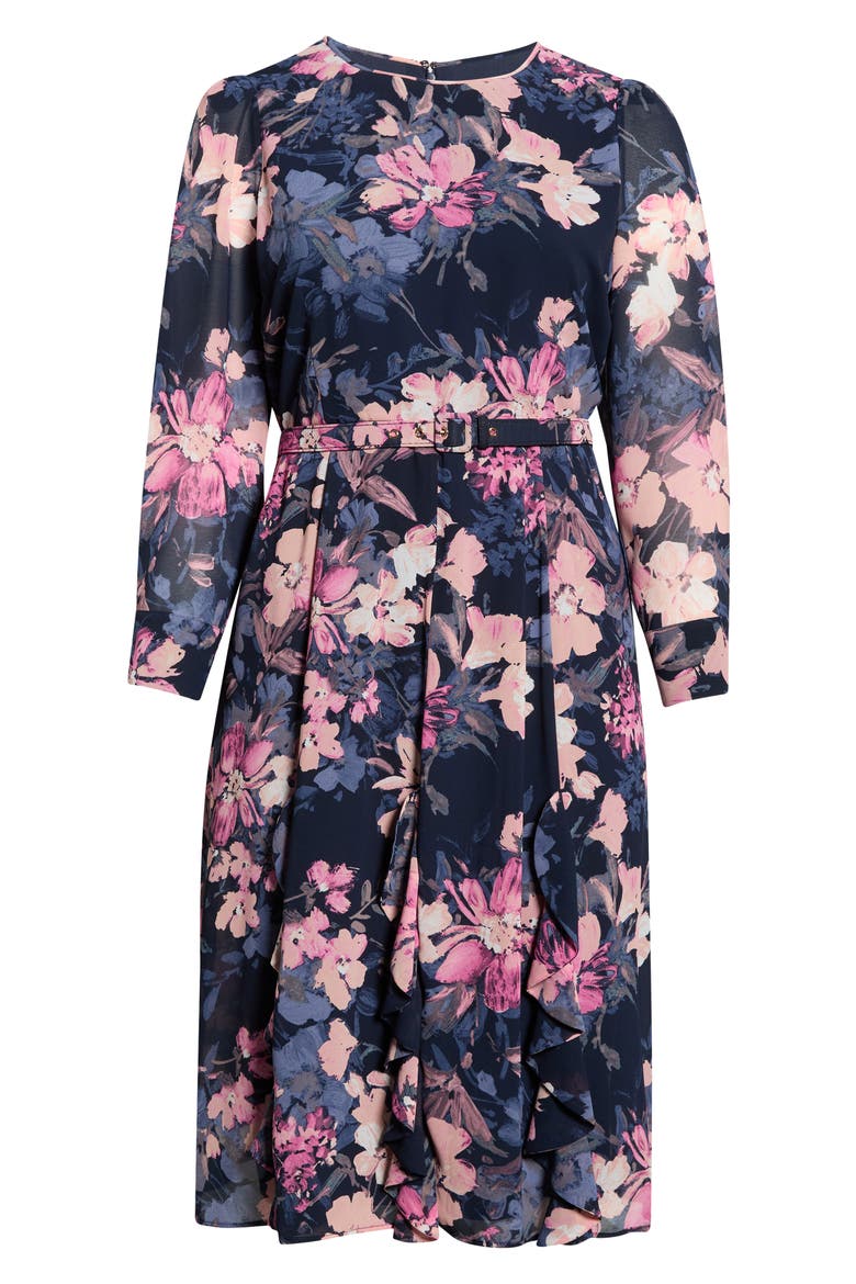 Floral Belted Long Sleeve Dress, Alternate, color, NAVY PERI ROSE