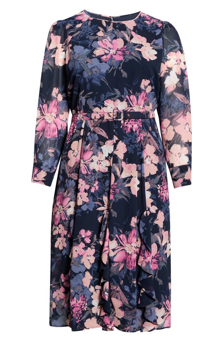 Tahari ASL Floral Belted Long Sleeve Dress, Main, color,