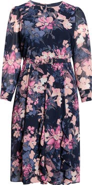 Tahari ASL Floral Belted Long Sleeve Dress