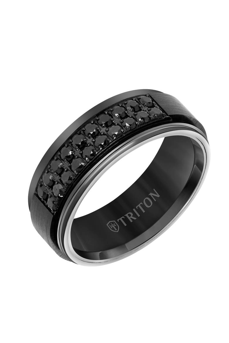 8MM Black Tungsten Carbide Ring with Double Row of Black Sapphires and Step Edge, Main, color, Black