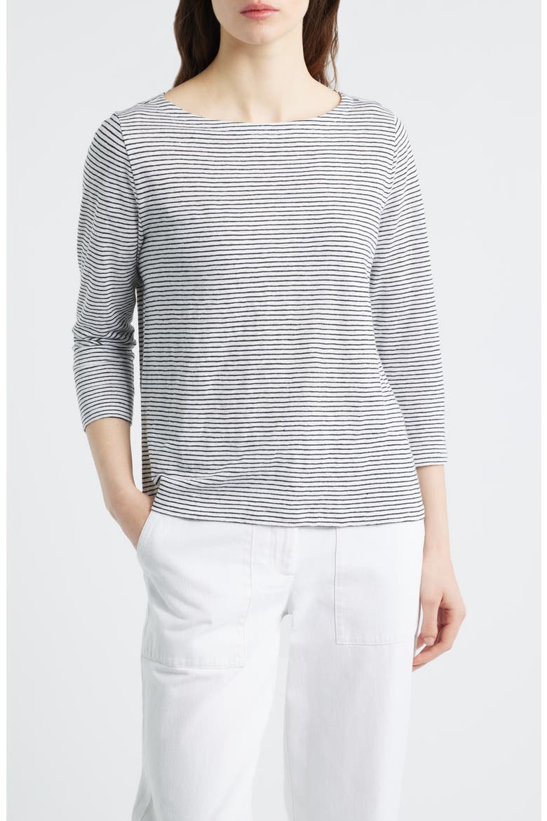 Stripe Bateau Neck Organic Linen Top, Main, color, WHITE/ BLACK