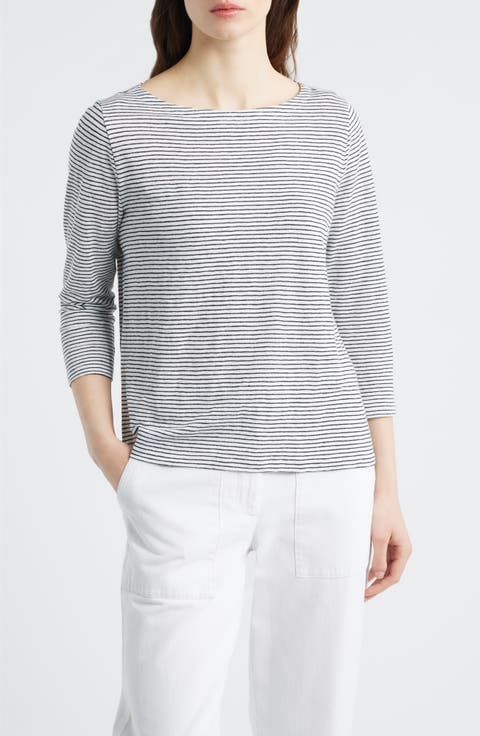 Stripe Bateau Neck Organic Linen Top (Regular & Petite)