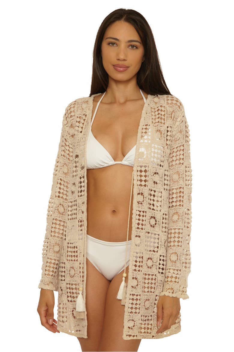 Tulum Long Sleeve Open Stitch Cotton Cover-Up Tunic, Alternate, color, NATURAL